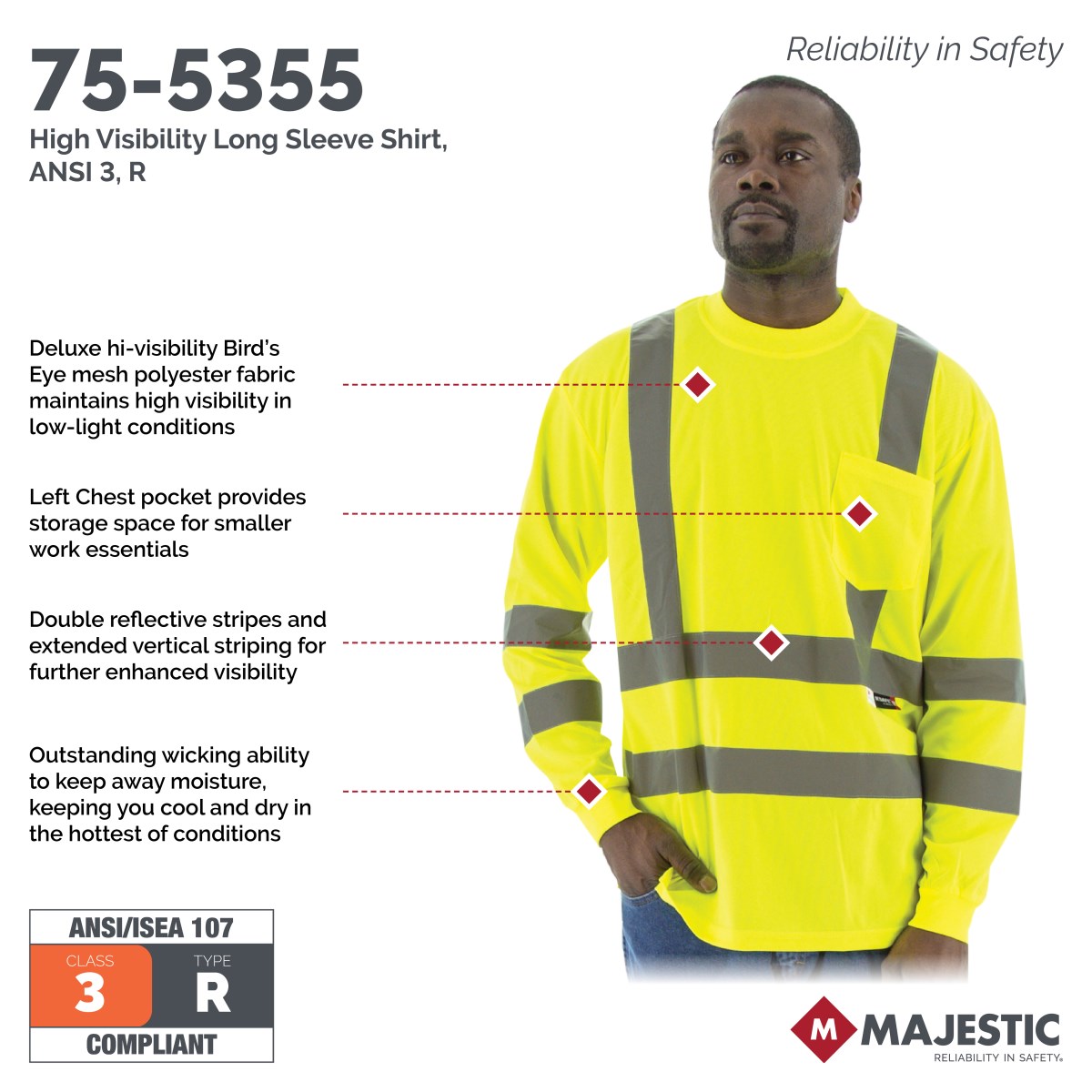High Visibility Long Sleeve Shirt, ANSI 3, R | Majestic Glove